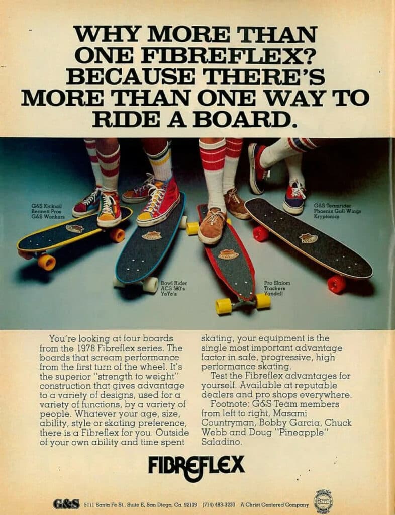 Shapers-Club- Publicité vintage présentant quatre modèles différents de skateboards Gordon & Smith fibreflex, soulignant la polyvalence et la variété de la marque en matière de design de skate. -surfshop-surfboard