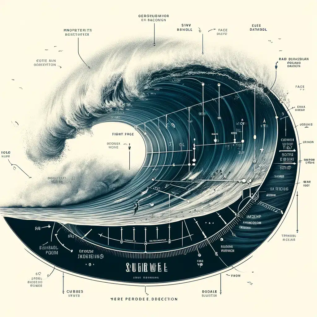 Shapers-Club- A detailed monochrome technical illustration of a large ocean wave, resembling a complete wave guide, with various labels and measurements. The image evokes a scientific or technical diagram with annotations pointing to different parts and dynamics of the wave, ideal for understanding surf conditions. -surfshop-surfboard