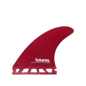 Shapers-Club- L'aileron de planche de surf Futures Coffin Control Series 2.0 Thruster, présenté en rouge, présente une structure en nid d'abeille à sa base et est étiqueté « futures » ainsi que « CONTROL SERIES | COFFIN BROS ». Il présente une forme légèrement incurvée et profilée. -surfshop-surfboard
