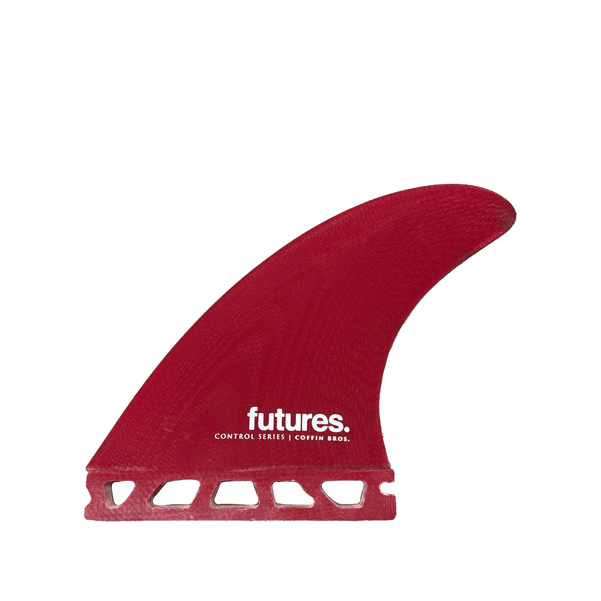 Shapers-Club- The Futures Coffin Control Series 2.0 Thruster surfboard fin, shown in red, features a honeycomb structure at its base and is labeled "futures" as well as "CONTROL SERIES | COFFIN BROS". Its shape is slightly curved and streamlined. -surfshop-surfboard