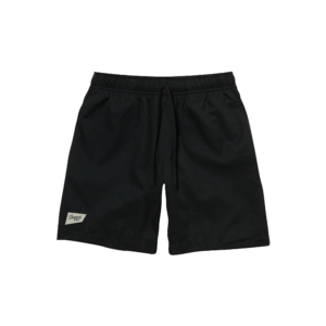 Shapers-Club- Black sports shorts from the SC PATCH collection, featuring an elastic waistband with drawstring and a small white rectangular SC PATCH on the left thigh, displayed on a plain green background. -surfshop-surfboard