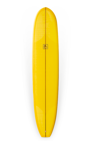 Shapers-Club- The Beau Young Surfboard - Pendulum 9'1" x 22' 5/8" x 2' 5/8" is a bright yellow surfboard with a sleek, streamlined shape. It features a glossy finish and a black logo centered with an abstract design. The bottom view of the board highlights its long, tapered shape, making it ideal for gliding smoothly over waves like a pendulum. -surfshop-surfboard