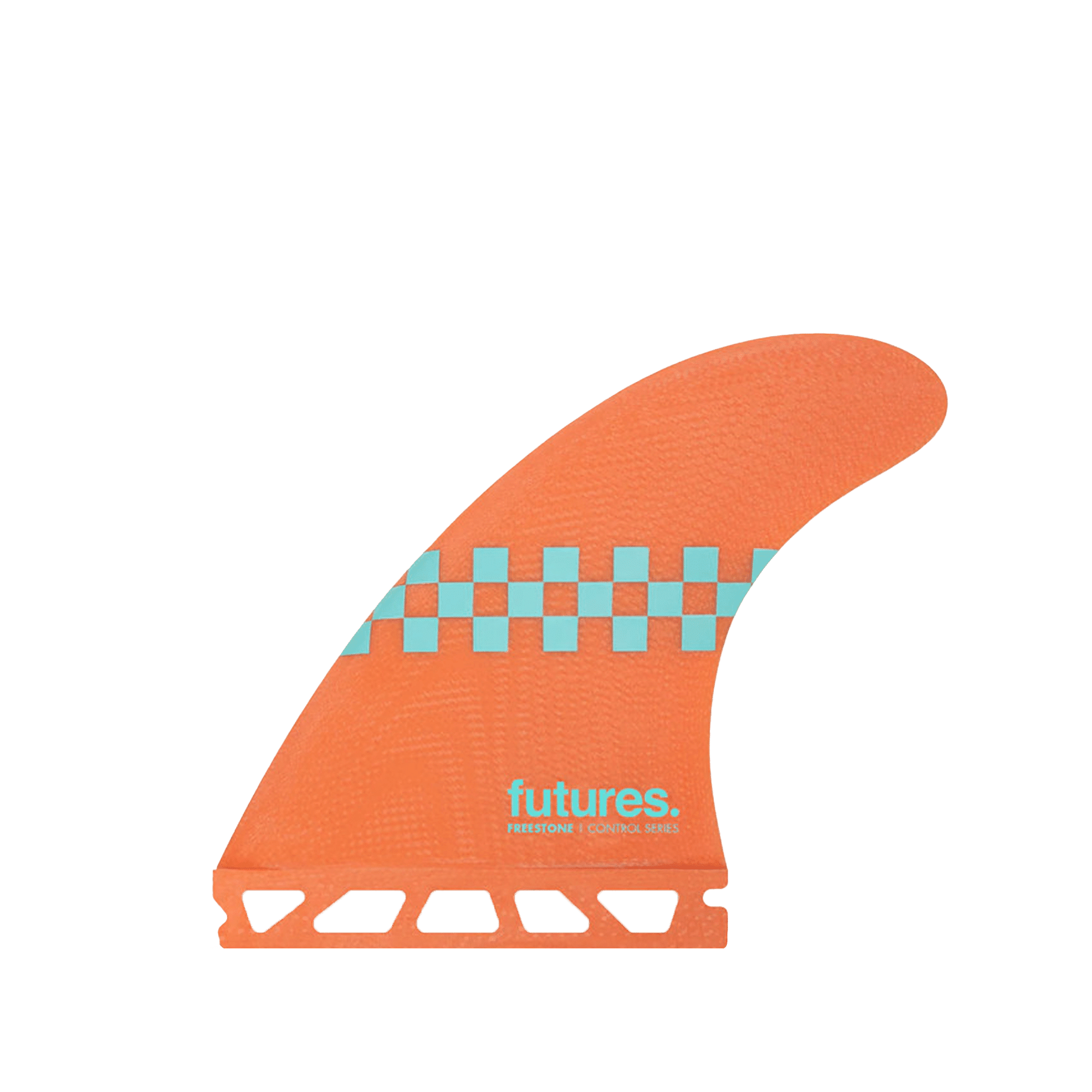 Shapers-Club- Orange Thruster surfboard fin from the Futures Control series, designed for Jack Freestone, with a turquoise check pattern and the text "futures. FREESTONE | SOLID | SIZES" printed on it. This fin features a unique perforated base design for enhanced performance. -surfshop-surfboard