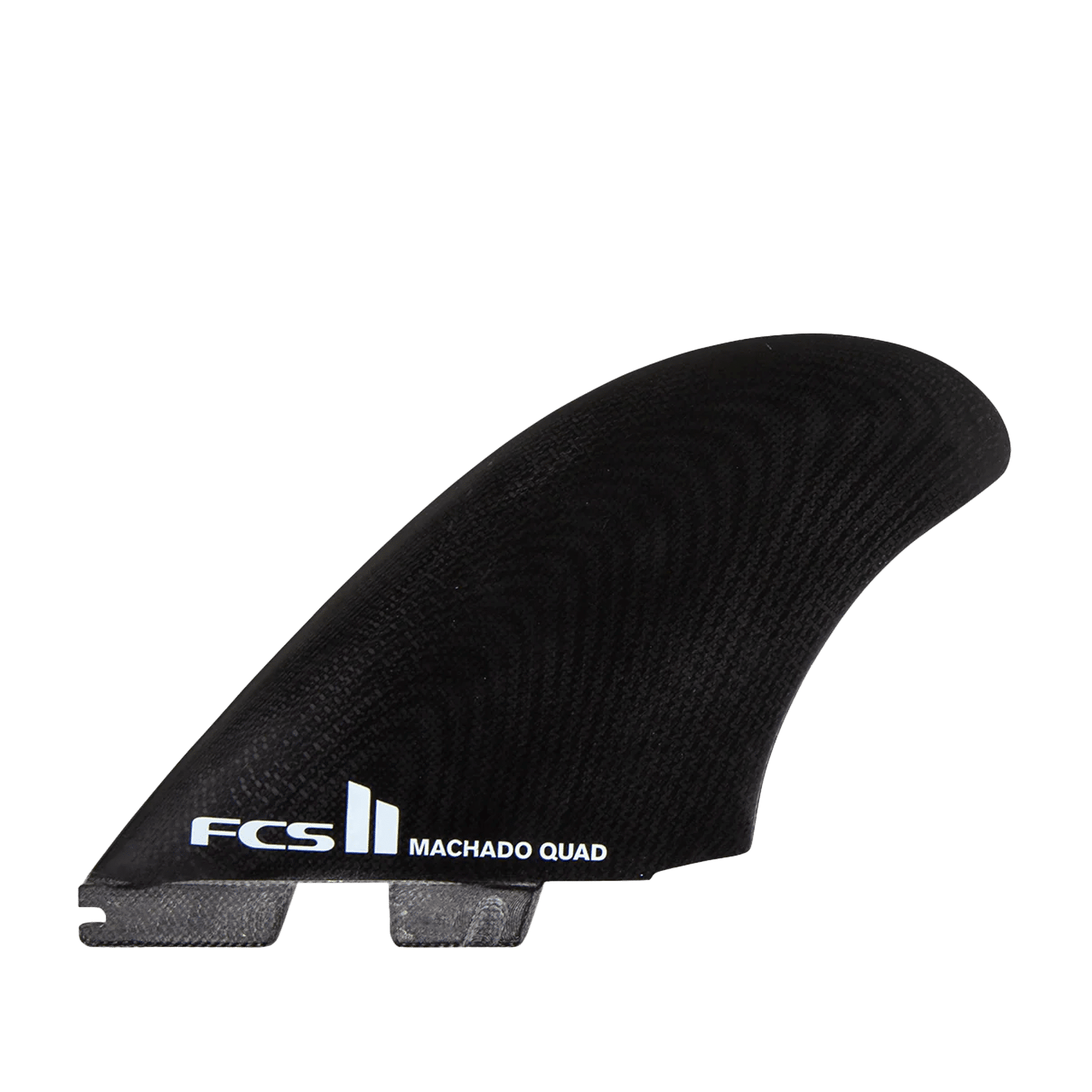 Shapers-Club- Un aileron de planche de surf noir et élégant, marqué « FCS II » et « Machado Quad » en texte blanc. Cet aileron aérodynamique fait partie de la série Shaper Rob Machado QUAD, conçu pour des performances optimales avec les boîtiers d'ailerons FCS. -surfshop-surfboard
