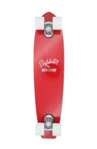 Shapers-Club- Il Gordon & Smith - 25" SurfSkate completo in Cherry Red presenta ruote bianche e un logo "Surfkates" bianco brillante, catturando uno stile retro cruiser elegante e minimalista che ricorda i design classici. -surfshop-surfboard
