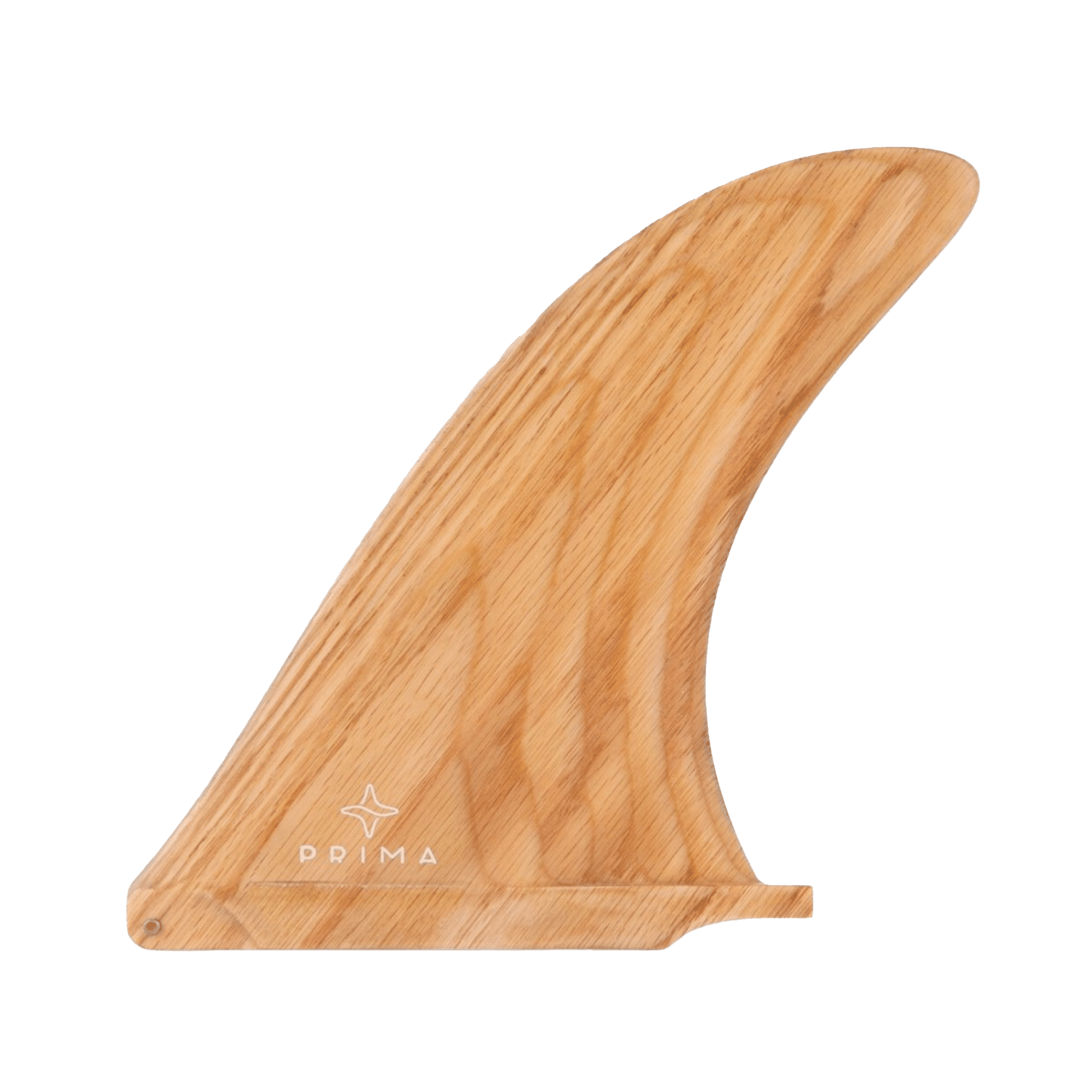 Shapers-Club- Introducing the Prima - Wood - 10.5" single surf fin, featuring a light grain pattern and labeled "PRIMA" on the bottom. This wood fin has a contoured, curved shape designed to improve stability and maneuverability in the water. The product image is set against a transparent background. -surfshop-surfboard