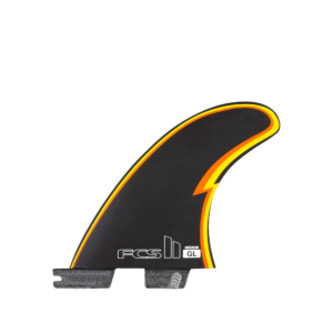 Shapers-Club- Le FCS - THRUSTER - SHAPER SERIES - Gerry Lopez - Performance Core - M est un aileron de planche de surf noir unique avec un contour jaune et orange et un symbole d'éclair au centre. Fabriqué avec Performance Core, cet aileron de taille moyenne est parfait pour les configurations THRUSTER. Il comporte également un texte blanc « FCS II » et une base grise conçue pour un système d'ailerons amovibles. -surfshop-surfboard