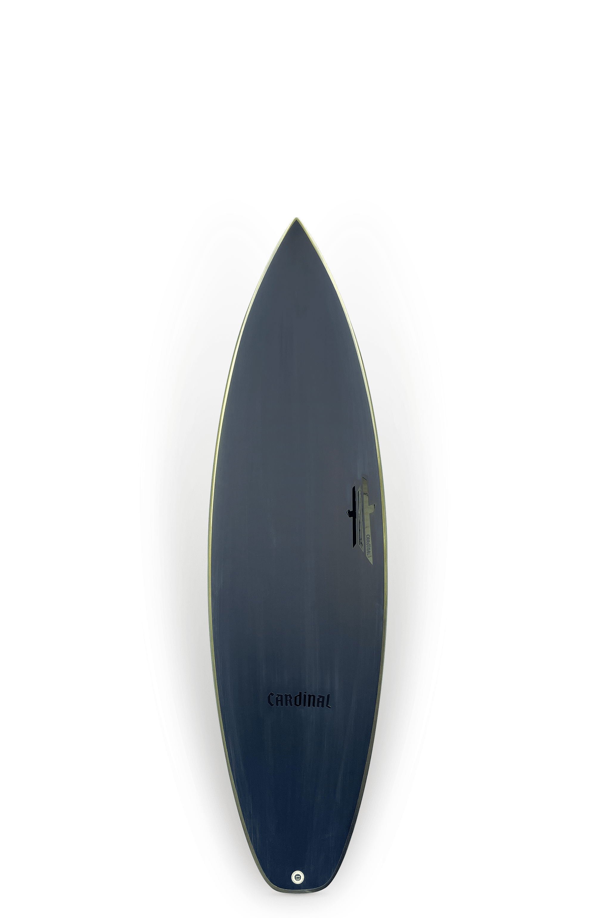 Shapers-Club- Une planche de surf Cardinal - Fire Arrow, mesurant 5'9" x 19' 1/4" x 2' 1/2", se tient debout sur un fond blanc immaculé. Le design élégant et bleu foncé met en valeur un nez pointu et une queue arrondie. Orné d'ailerons, il arbore fièrement le mot "Cardinal" près du bas, capturant l'esprit innovant du modèle Fire Arrow. -surfshop-surfboard