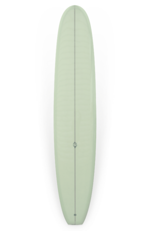 Shapers-Club- Aerial view of the Dead Kooks - Casbah 9'6" x 22' 3/4" x 2' 3/4", which features a light green hue. This longboard features a smooth finish, a slightly rounded nose and a single-fin configuration. A center spar runs its entire length on a pure white background. -surfshop-surfboard