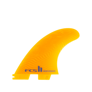 Shapers-Club- The FCS - Performer - EcoBlend - Thruster - Large is a simple orange surfboard fin with a slightly translucent texture, featuring a black "FCS II" logo and the word "Performer" printed near the bottom. This fin has a streamlined, curved shape and is displayed on a plain white background. -surfshop-surfboard