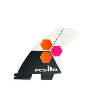 Shapers-Club- The Channel Islands Thruster Reactor Black&White M surfboard fin features an elegant design with a predominantly black and white color palette. Two bright orange and pink hexagonal shapes are located near the center, while the "FCS II" branding and "Medium CI Reactor" label are printed on the black bottom of the fin. -surfshop-surfboard