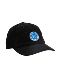 Shapers-Club- The Deus PUSHSTART DAD cap is a simple black corduroy cap with a curved brim and a circular blue and white patch embroidered on the front. The patch features a globe-shaped design with text around the edge, in keeping with Deus' exclusive collection. -surfshop-surfboard