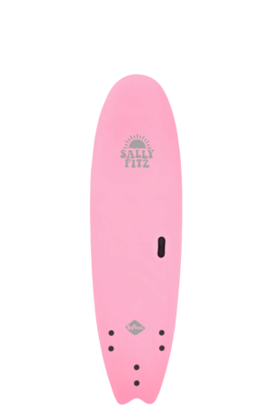 Shapers-Club- SOFTECH's hand-crafted Sally Fitzgibbons FB 7'0 Pink surfboard, emblazoned with the "Sally Fitz" logo top center, features rounded edges, a smooth surface and several fin slots at the bottom. It also features a handle slot near the middle of the board. -surfshop-surfboard