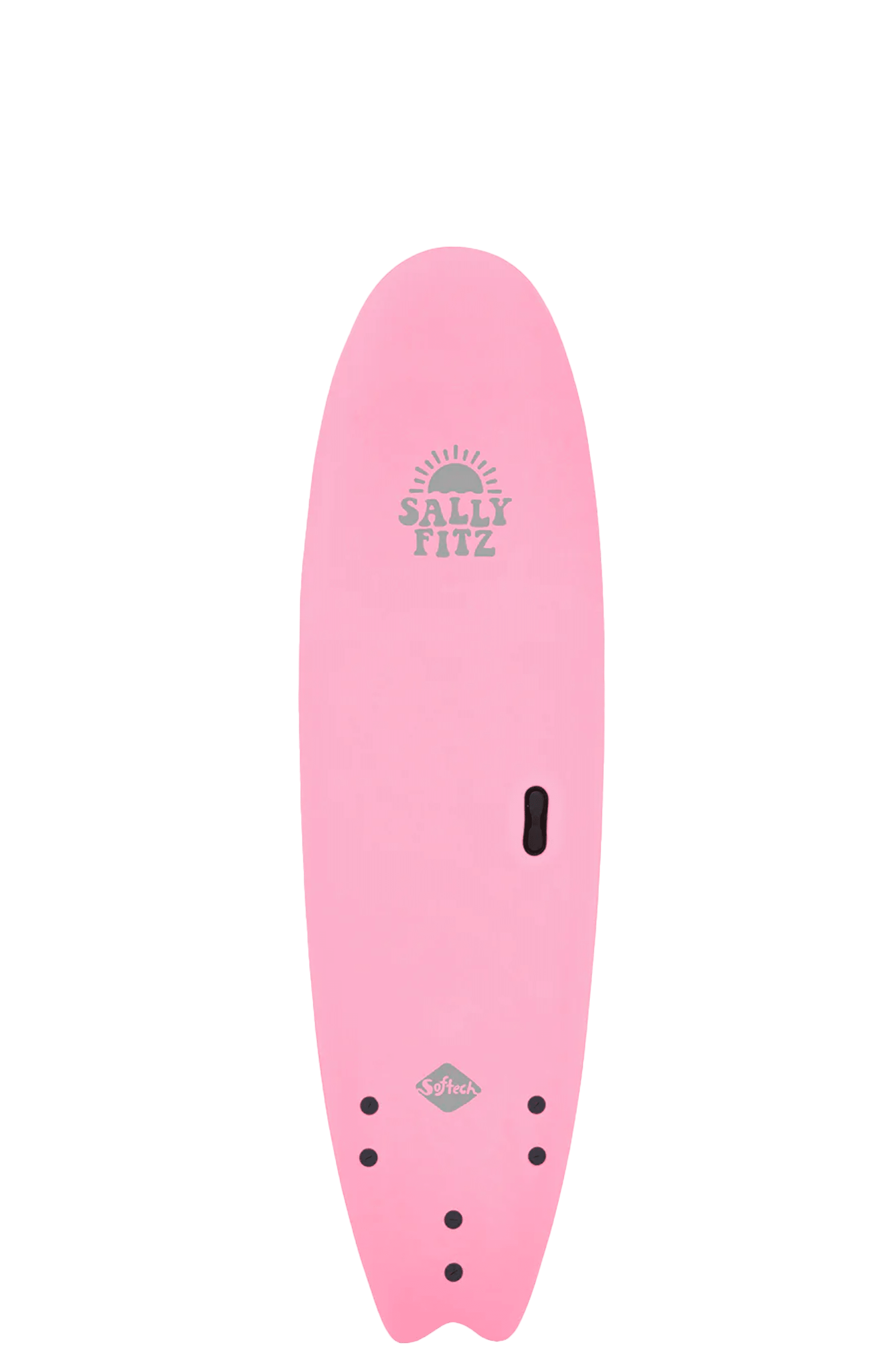Shapers-Club- SOFTECH's hand-crafted Sally Fitzgibbons FB 7'0 Pink surfboard, emblazoned with the "Sally Fitz" logo top center, features rounded edges, a smooth surface and several fin slots at the bottom. It also features a handle slot near the middle of the board. -surfshop-surfboard