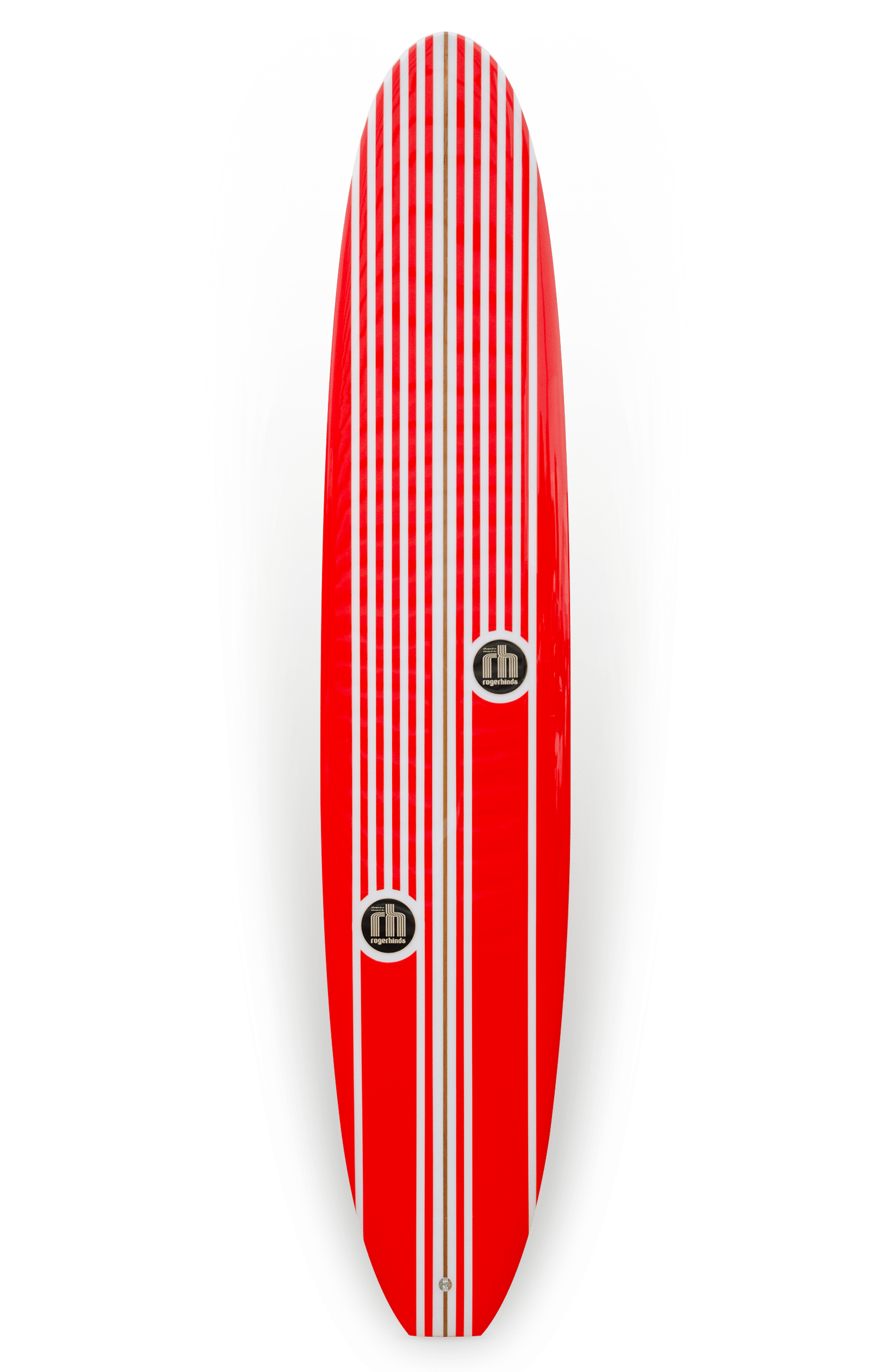 Shapers-Club- Une planche de surf Pinder Hawaii - modèle Joel mesurant 9'7" x 23" x 3' 1/8", ornée d'un motif rayé rouge et blanc avec deux ensembles de bandes blanches verticales sur un fond rouge. Cette planche bien polie a un nez arrondi et présente deux logos Pinder Hawaii noirs et blancs dans la partie centrale, lui donnant une nouvelle apparence. -surfshop-surfboard