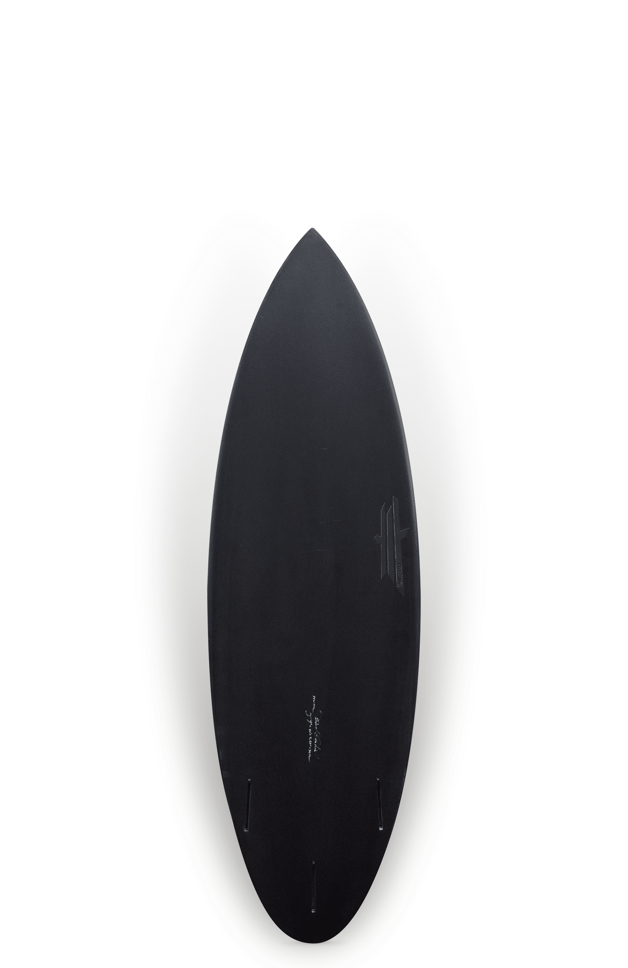 Shapers-Club- Une planche de surf noire élégante avec une pointe pointue et une surface lisse est présentée sur un fond blanc. La planche de surf Cardinal - C-Major 5'9" x 20" x 2' 5/8" présente des fentes pour ailerons sur le fond et un marquage subtil au centre. -surfshop-surfboard