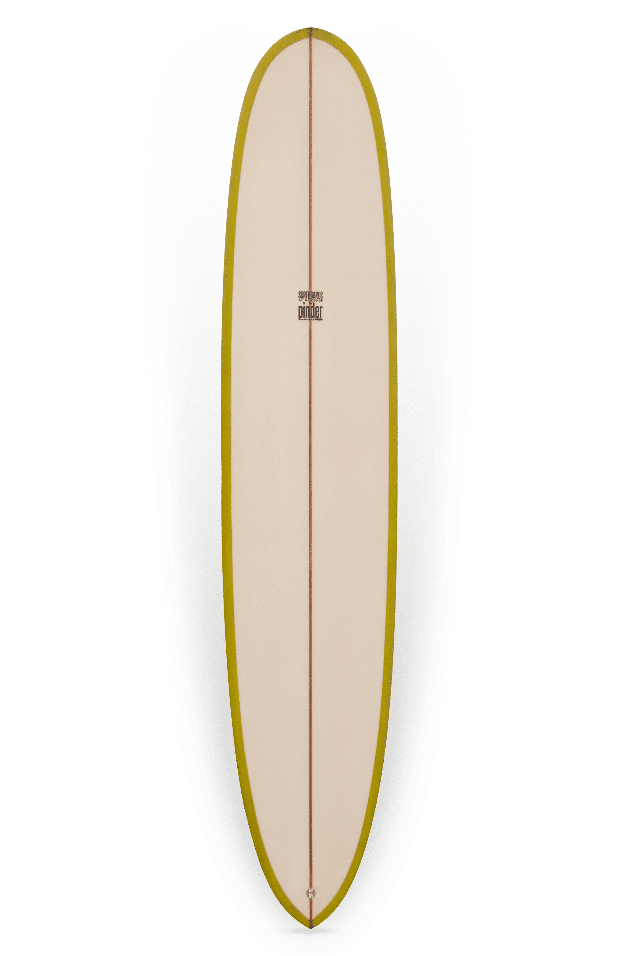 Shapers-Club- Vue de dessus de la planche de surf Pinder Hawaii - modèle Joel, mesurant 9'7" x 23" x 3' 1/8", présente une surface de couleur crème avec une bande centrale marron et des bords jaunes, sur un fond blanc. La planche de surf affiche bien en évidence le logo "Bing Pintail" près du centre supérieur ; elle est idéale pour attraper les vagues. -surfshop-surfboard