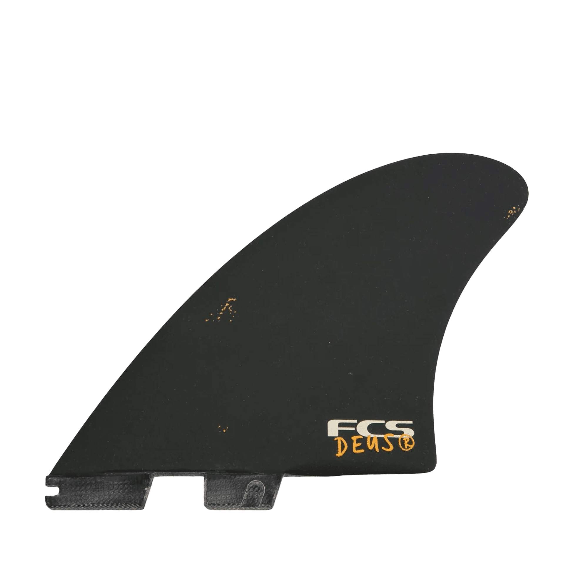 Shapers-Club- A black surfboard daggerboard with minor stripes, featuring "FCS - DEUS" printed in white and orange near the base, and featuring an elegant modern keel design on a transparent background. -surfshop-surfboard