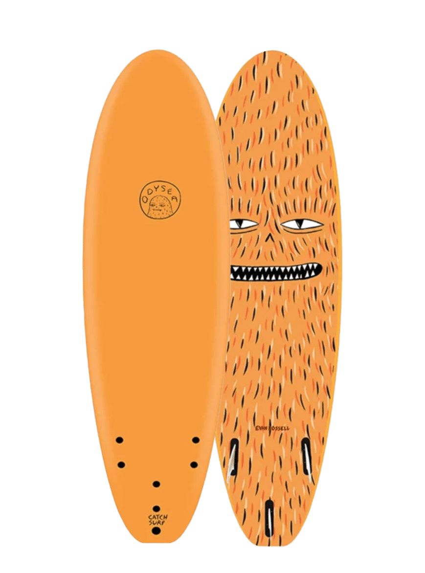 Shapers-Club- Two 8-0 Plank - Evan Rossell - Pilsner 24 surfboards, one sleek and one featuring Evan Rossell's hairy monster design with eyes and mouth, display the brand's logos. Both feature black fins, ready to make waves in style. -surfshop-surfboard