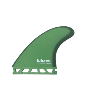 Shapers-Club- Description du produit : Aileron de planche de surf vert Futures - Pancho Control Series - Thruster avec le nom de marque « Futures » imprimé en lettres blanches, avec « Pancho Control Series | Thruster » également imprimé en dessous. L'aileron présente une surface texturée et une base équipée de découpes pour une fixation facile à la planche de surf. -surfshop-surfboard