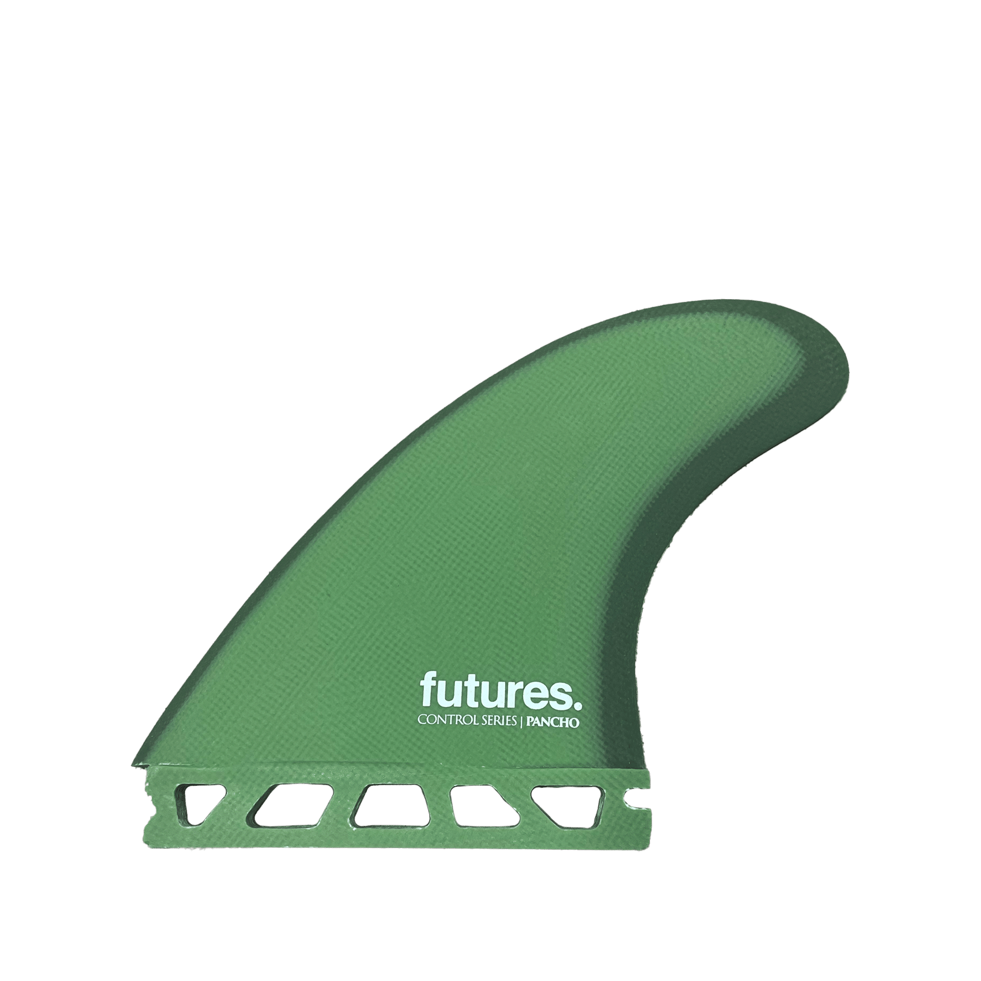 Shapers-Club- Product description: Futures green surfboard fin - Pancho Control Series - Thruster with the brand name "Futures" printed in white letters, with "Pancho Control Series | Thruster" also printed underneath. The fin features a textured surface and a base with cut-outs for easy attachment to the surfboard. -surfshop-surfboard