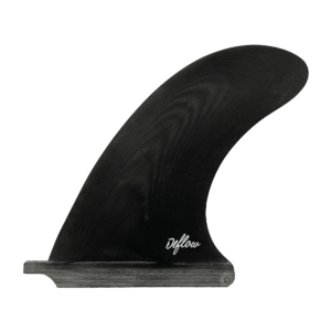 Shapers-Club- The Deflow - 9.1" single surfboard fin is black with a textured surface, bearing the brand name "Deflow" in white near the base. It has a curved shape and is designed to be attached to the bottom of a surfboard for improved stability and control. -surfshop-surfboard