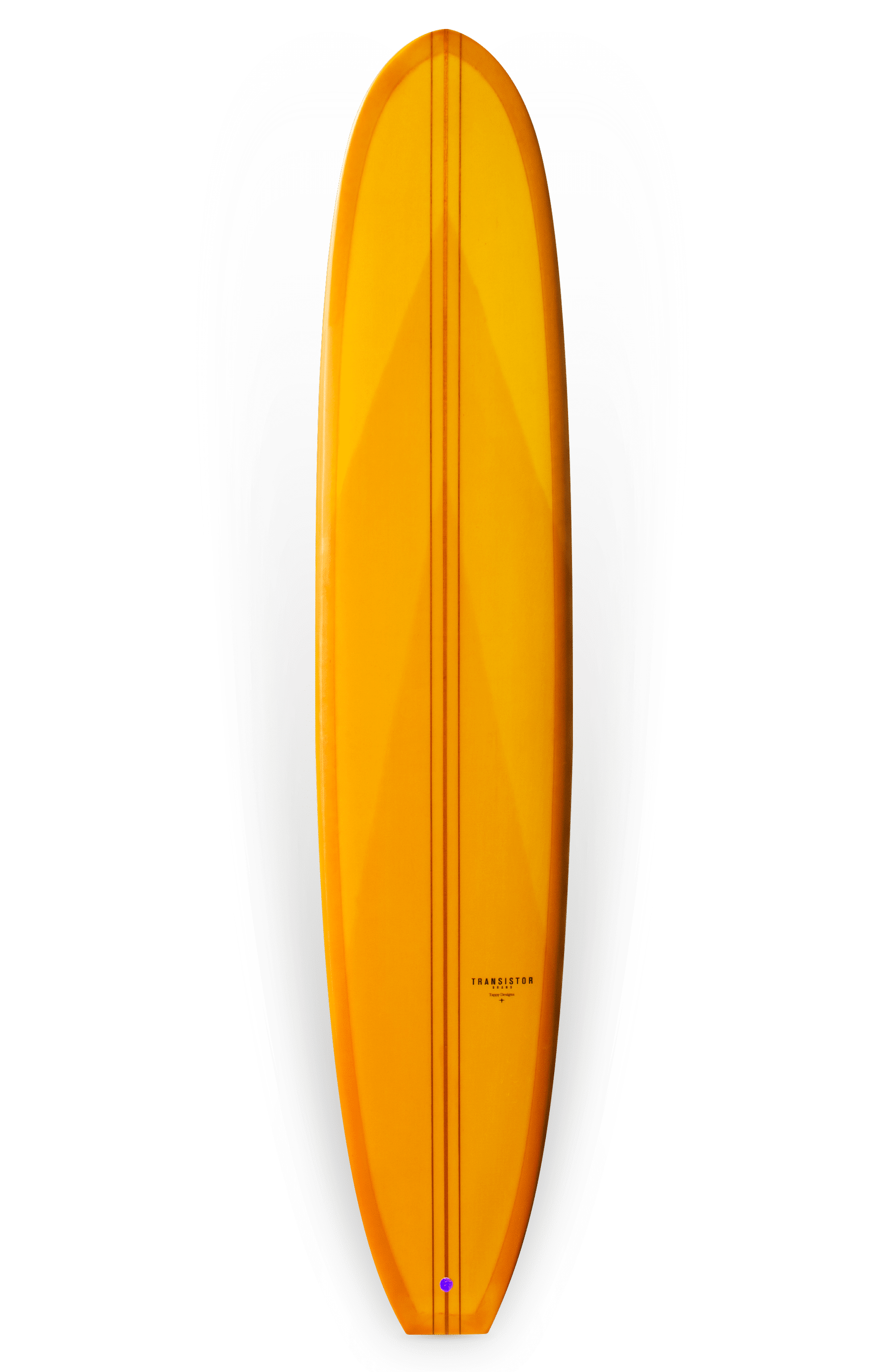 Shapers-Club- La tavola da surf Roger Hinds - The Classic 9'4" x 23" x 3' 1/4" presenta linee morbide e un design elegante, completato da sottili motivi verticali. Presenta un vibrante colore arancione con una finitura lucida e levigata, con il marchio "Paraleteen" ben visibile nella parte inferiore. -surfshop-surfboard