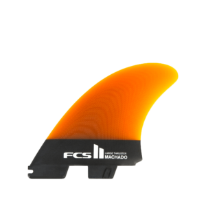 Shapers-Club- The Rob Machado - Performance Core - Thruster fin features an orange and black design, with a "FCS II Large Thruster MACHADO" label on the black underside. The fin features a smooth gradient transition from bright yellow-orange at the top to dark orange near the base, offering optimal stability thanks to its Performance Core construction. -surfshop-surfboard