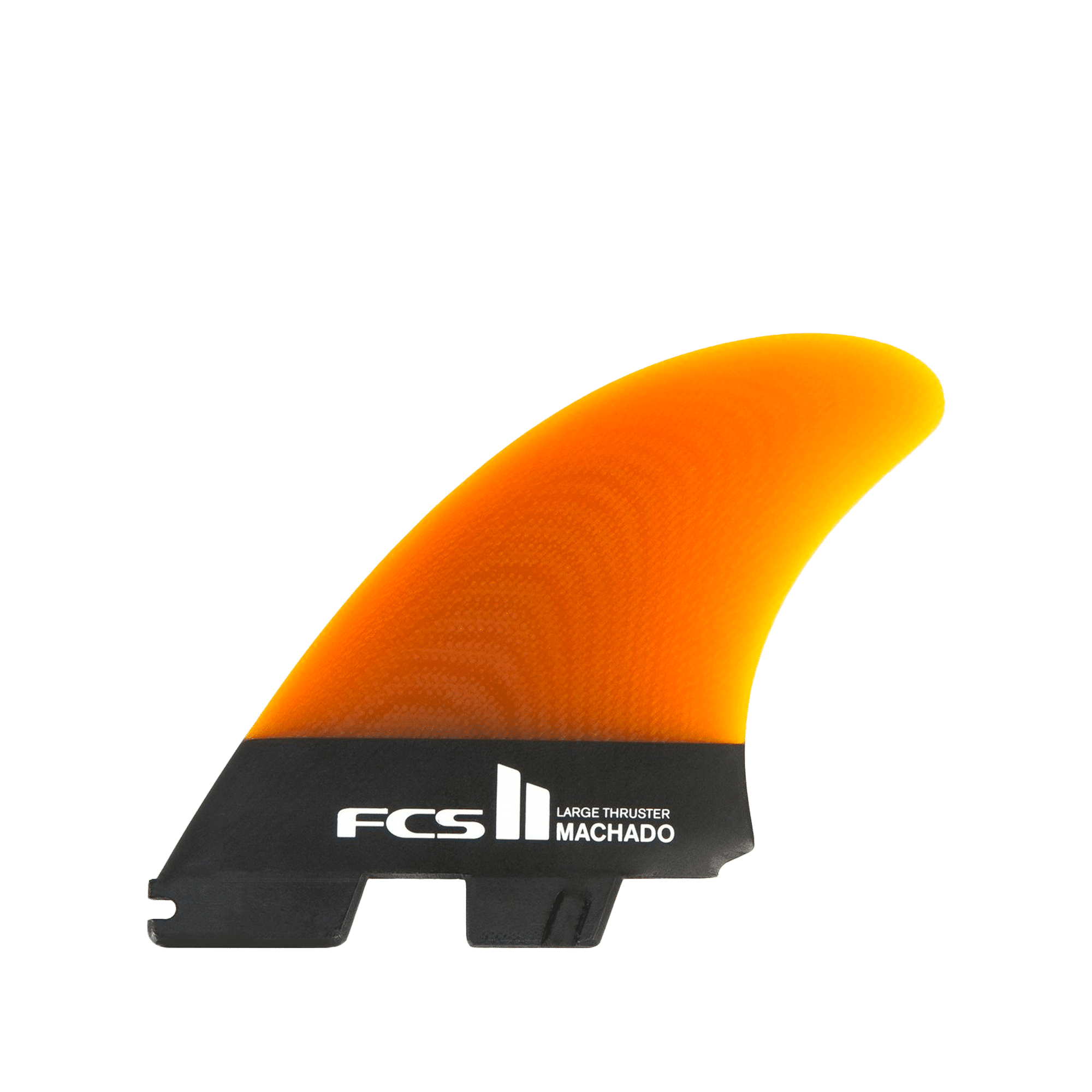 Shapers-Club- L'aileron Rob Machado - Performance Core - Thruster présente un design orange et noir, avec une étiquette « FCS II Large Thruster MACHADO » sur la partie inférieure noire. L'aileron présente une transition en dégradé douce du jaune-orange vif en haut à l'orange foncé près de la base, offrant une stabilité optimale grâce à sa construction Performance Core. -surfshop-surfboard