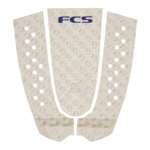 Shapers-Club- The FCS - GRIP ECO - T3 gray is a three-part surfboard traction pad with diamond-shaped grooves and circular cutouts on the side pieces. The center piece features the letters "FCS" in blue at the top, offering excellent grip for environmentally conscious surfers. -surfshop-surfboard