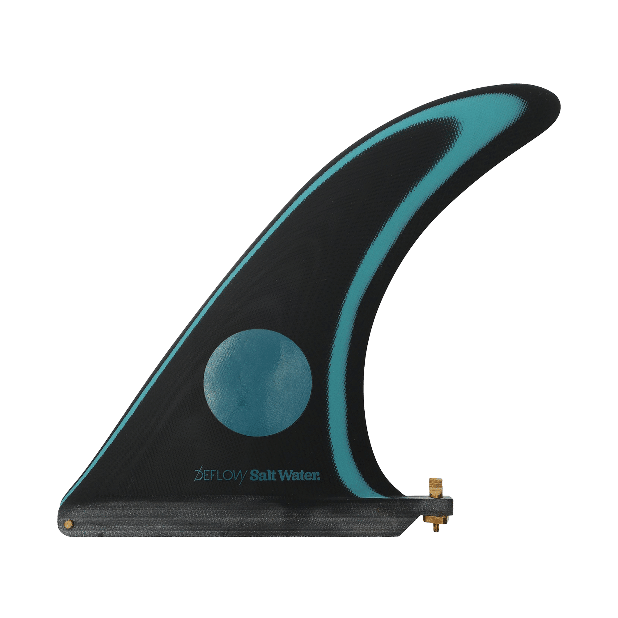 Shapers-Club- The Deflow - Salt Water - 9.8" single surfboard fin features an elegant black base color adorned with a blue curved pattern. The phrase "DEFLOW Salt Water" is printed near the bottom, and it features a metal screw and nut attached to the base for secure fastening. This fin is ideal for surfers who appreciate the smooth glide offered by a unique fin configuration. -surfshop-surfboard