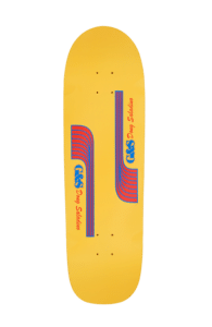 Shapers-Club- La réédition du jeu Gordon & Smith Jaune présente des lignes géométriques rouges et bleues, avec le texte « G&S Doug 'Pineapple' Saladino », capturant le style classique G&S. -surfshop-surfboard
