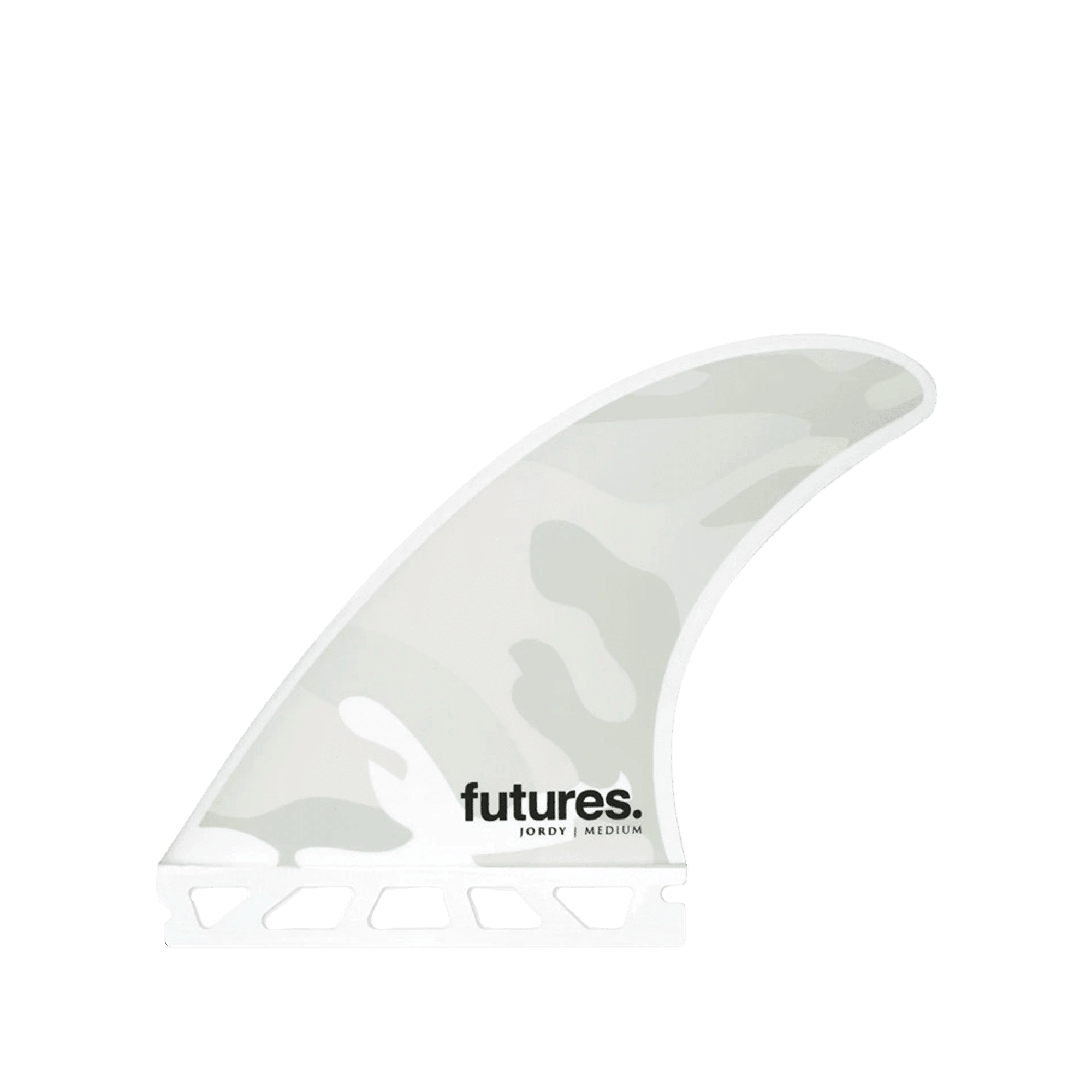 Shapers-Club- The Futures - Jordy Signature - Thruster fin features a white and light gray camouflage pattern, adorned with the "futures" logo near the base and the text "JORDY | MEDIUM" just below. This simple surfboard fin is built to last, with cut-outs along the bottom specially designed for a thruster configuration. The background is solid green. -surfshop-surfboard
