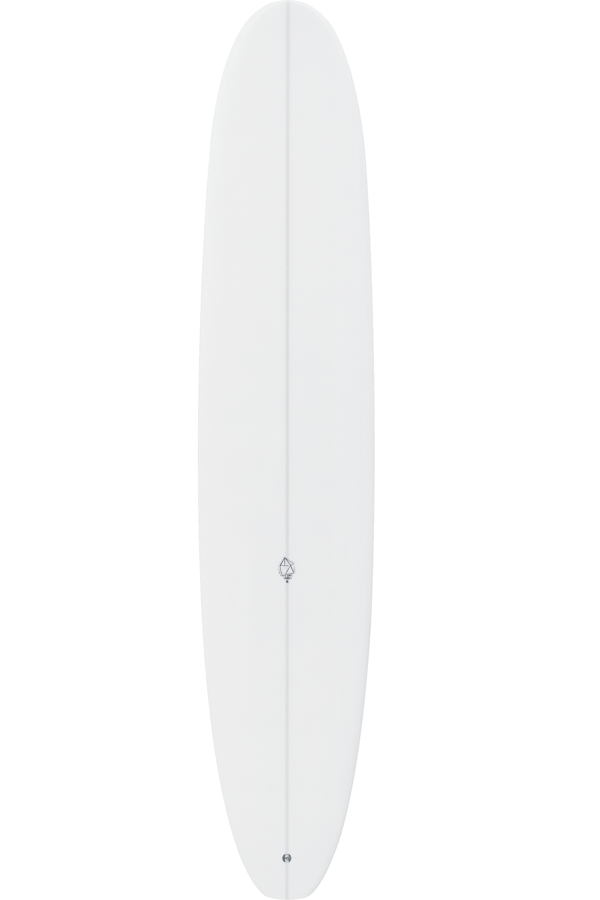 Shapers-Club- The Dead Kooks - Guerrero 9'6" x 23" x 3" longboard features a sleek white design with a thin center line running from top to bottom. A small Dead Kooks logo is tastefully placed along the line near the middle of the board. It features smooth edges and an elegant finish. -surfshop-surfboard
