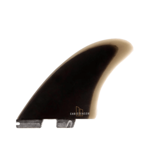 Shapers-Club- Single surfboard fin from the TWIN - SHAPER SERIES - CHRISTENSON, featuring a dark gradient pattern that fades from black to a lighter shade at the edges. This double fin features a notch at the base for binding. -surfshop-surfboard