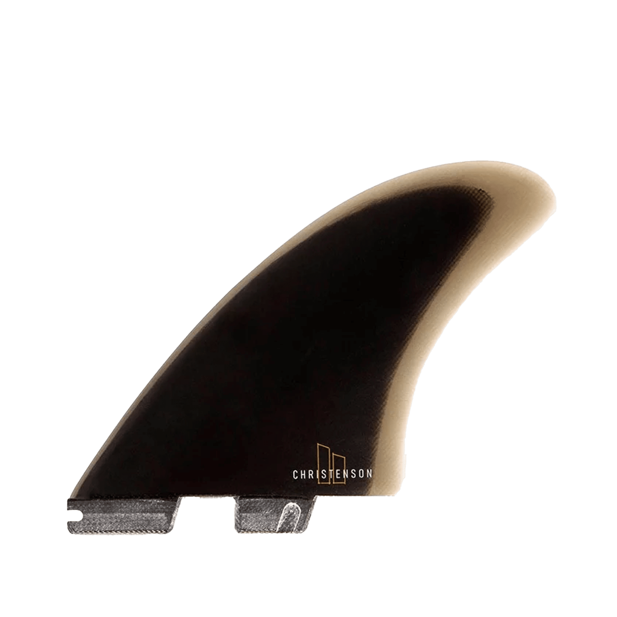Shapers-Club- Aileron de planche de surf simple de la série TWIN - SHAPER SERIES - CHRISTENSON, présentant un motif dégradé foncé qui passe du noir à une teinte plus claire sur les bords. Cet aileron double présente une encoche à sa base pour la fixation. -surfshop-surfboard