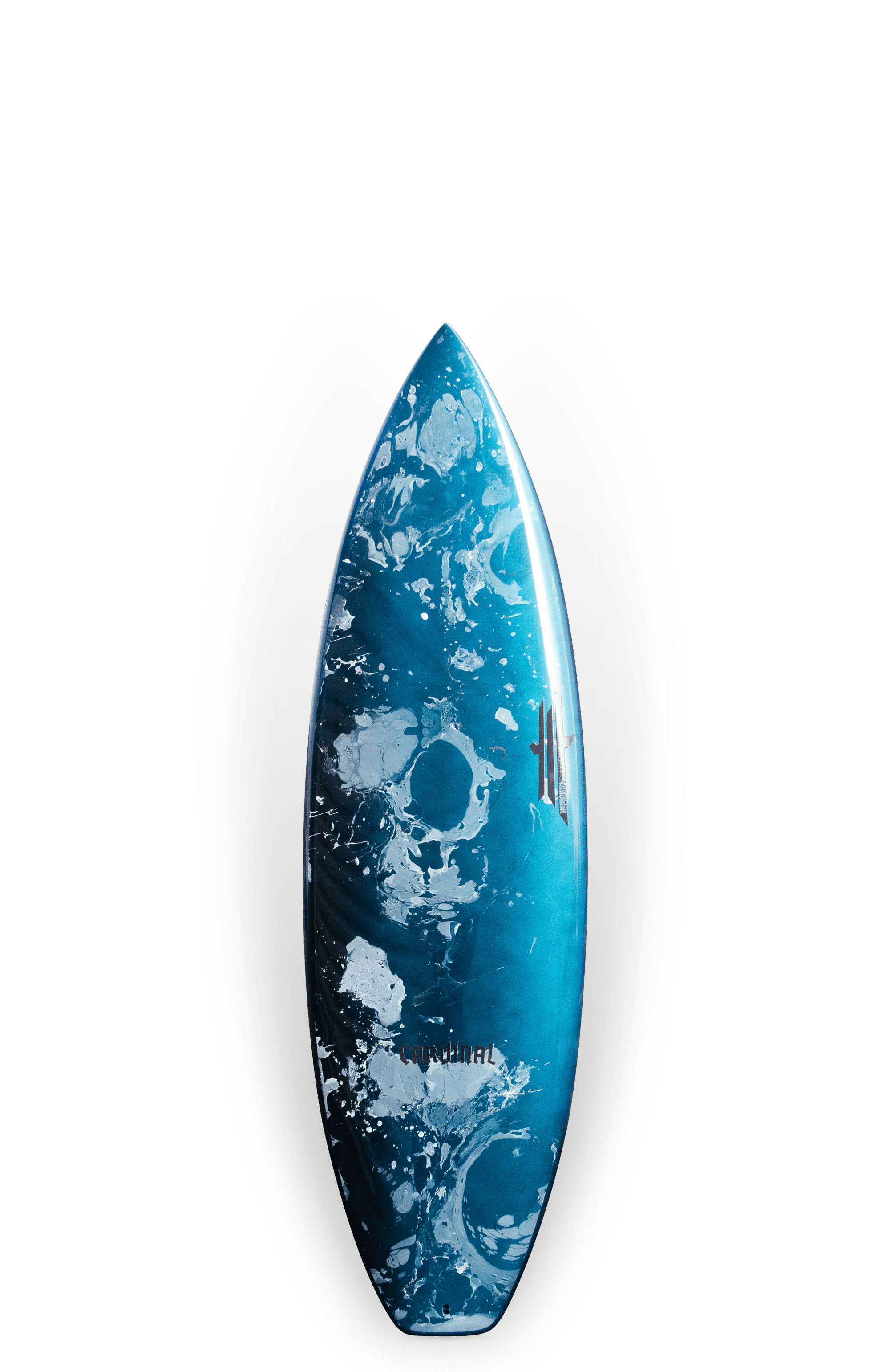 Shapers-Club- La planche de surf « Lucky 13 », mesurant 5'9" x 19' 7/8" x 2' 1/2", présente un design océanique abstrait bleu et blanc avec des accents noirs, une forme élégante et une finition brillante sur un fond blanc uni. -surfshop-surfboard