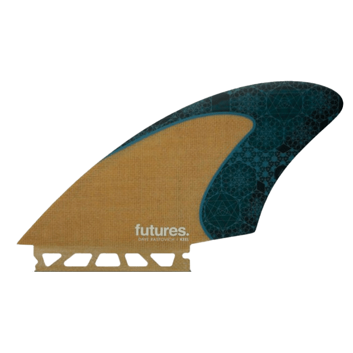 Shapers-Club- Un aileron de planche de surf étiqueté « Futures - Dave Rastovich Keel Jute Honey Comb » en texte blanc. L'aileron présente une section marron clair à gauche et une section bleu sarcelle foncé avec des motifs géométriques à droite, rappelant le style de Dave Rastovich. Le bord inférieur présente une structure en treillis pour la fixation du Honey Comb. -surfshop-surfboard