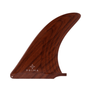 Shapers-Club- The Prima - Wood - 9" single wood surfboard fin features a smooth, elongated shape with a slightly curved top edge. It features a rich dark brown finish that accentuates the visible woodgrain patterns. The brand name "PRIMA", along with a small star above, is elegantly printed in white near the bottom of the fin. -surfshop-surfboard