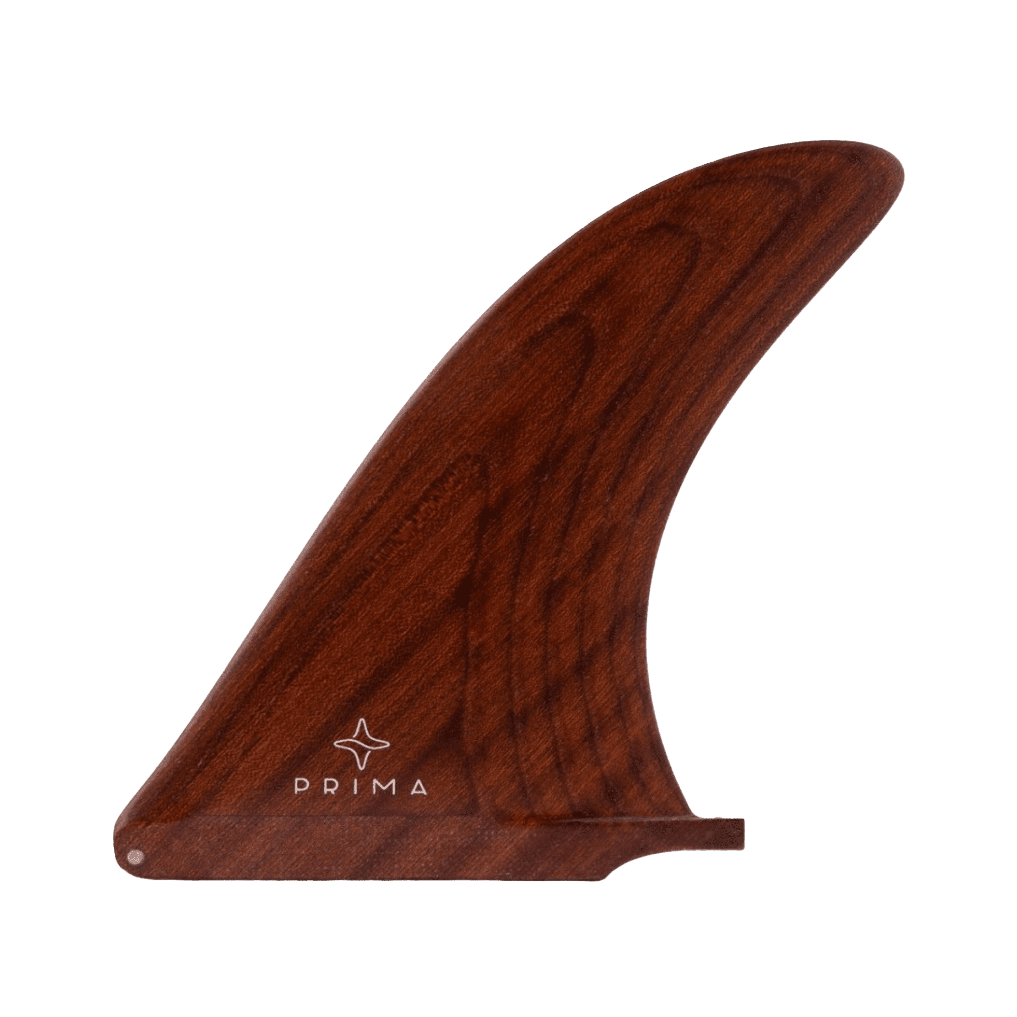Shapers-Club- The Prima - Wood - 9" single wood surfboard fin features a smooth, elongated shape with a slightly curved top edge. It features a rich dark brown finish that accentuates the visible woodgrain patterns. The brand name "PRIMA", along with a small star above, is elegantly printed in white near the bottom of the fin. -surfshop-surfboard