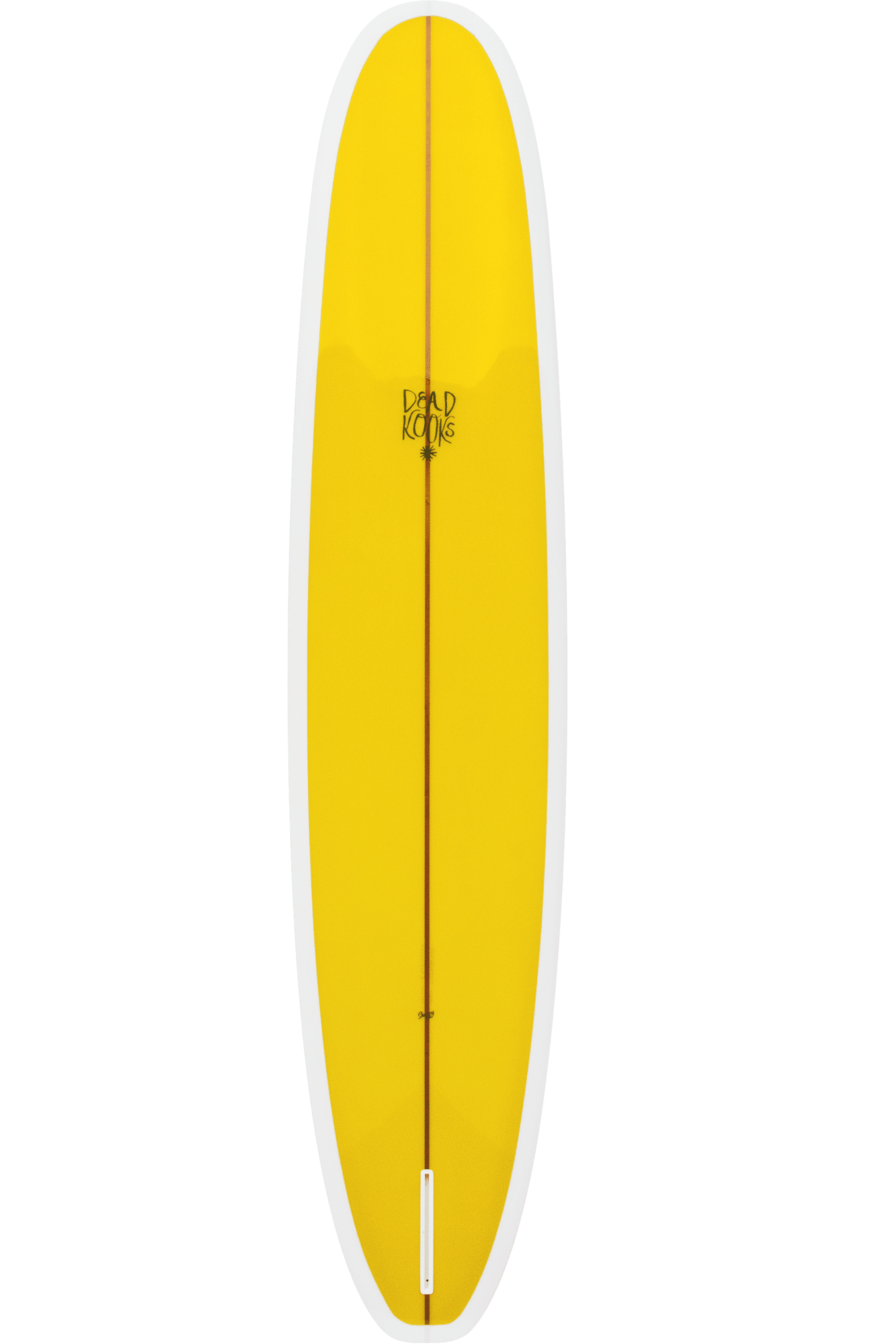 Shapers-Club- A surfboard measuring 9'6" x 23" x 3" with a yellow surface, white edge and dark vertical stripe down the center. The board features a central logo with "David King" in stylized letters reminiscent of Guerrero's design. Its elongated, slightly curved shape is characteristic of Dead Kooks styles. -surfshop-surfboard
