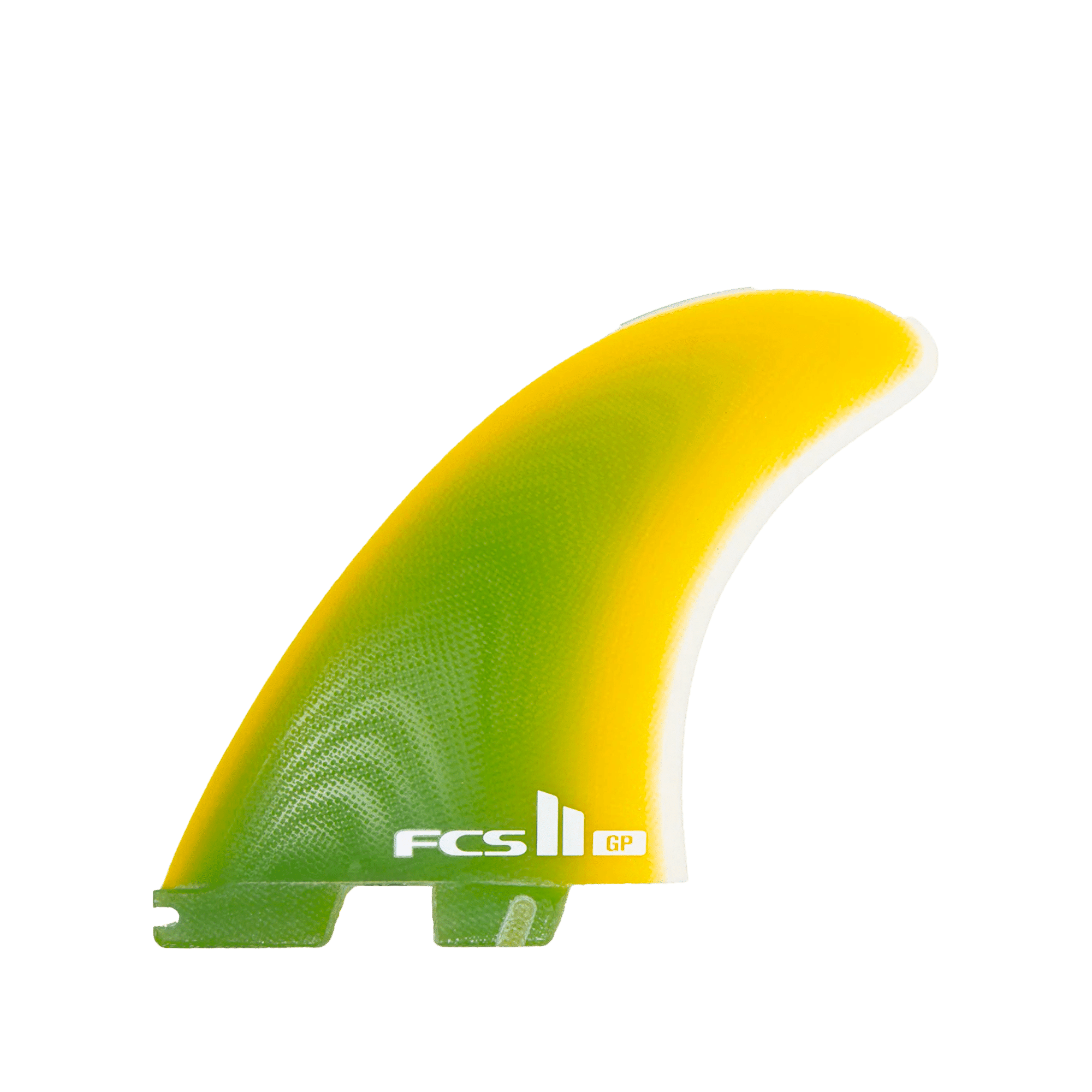 Shapers-Club- Single surfboard fin from Glenn Pang's SHAPER - TWIN+1 series, featuring an ombré design that changes from green at the base to yellow at the tip. It features a white "FCS II" logo and the initials "GP" on its surface, against a white background. -surfshop-surfboard
