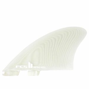 Shapers-Club- Image of a RETRO KEEL - TWIN surfboard fin. This high-quality Performance glass fin features a translucent body with a subtle white textured design and features the FCS II logo at the base. -surfshop-surfboard