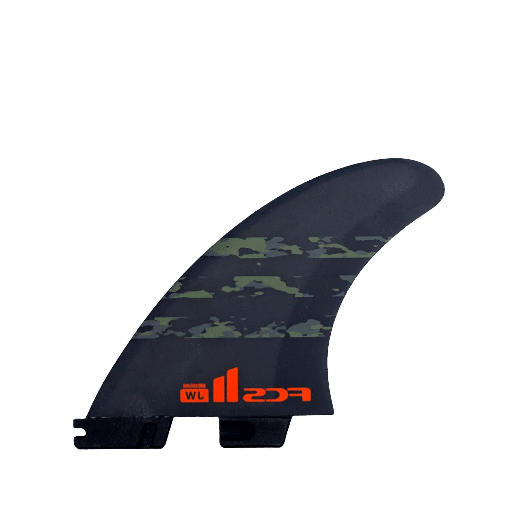 Shapers-Club- Image de l'aileron de planche de surf FCS - Julian Wilson - Performance Core - Thruster en noir, avec un motif camouflage et un logo « FCS » rouge. L'aileron a une forme légèrement incurvée, une base crantée pour une fixation facile et est conçu pour les configurations thruster. Inspiré par Julian Wilson, le fond est blanc uni. -surfshop-surfboard