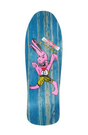 Shapers-Club- The reissued "Gordon & Smith - Deck Reissue Steve Claars - Blue" skateboard features a blue woodgrain finish, a whimsical pink cartoon bunny in a yellow and black outfit holding a newspaper, with "Steve Olson" elegantly inscribed above. -surfshop-surfboard