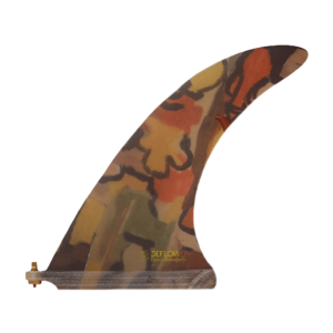 Shapers-Club- The Deflow single surf fin - Eurico Romaguera - 9.7" features a colorful, abstract design in shades of orange, yellow and brown. The translucent fin includes a small metal screw at its base for attachment, and Eurico Romaguera's "DEFLOW" brand name is faintly visible in gold lettering on the bottom of the fin. -surfshop-surfboard