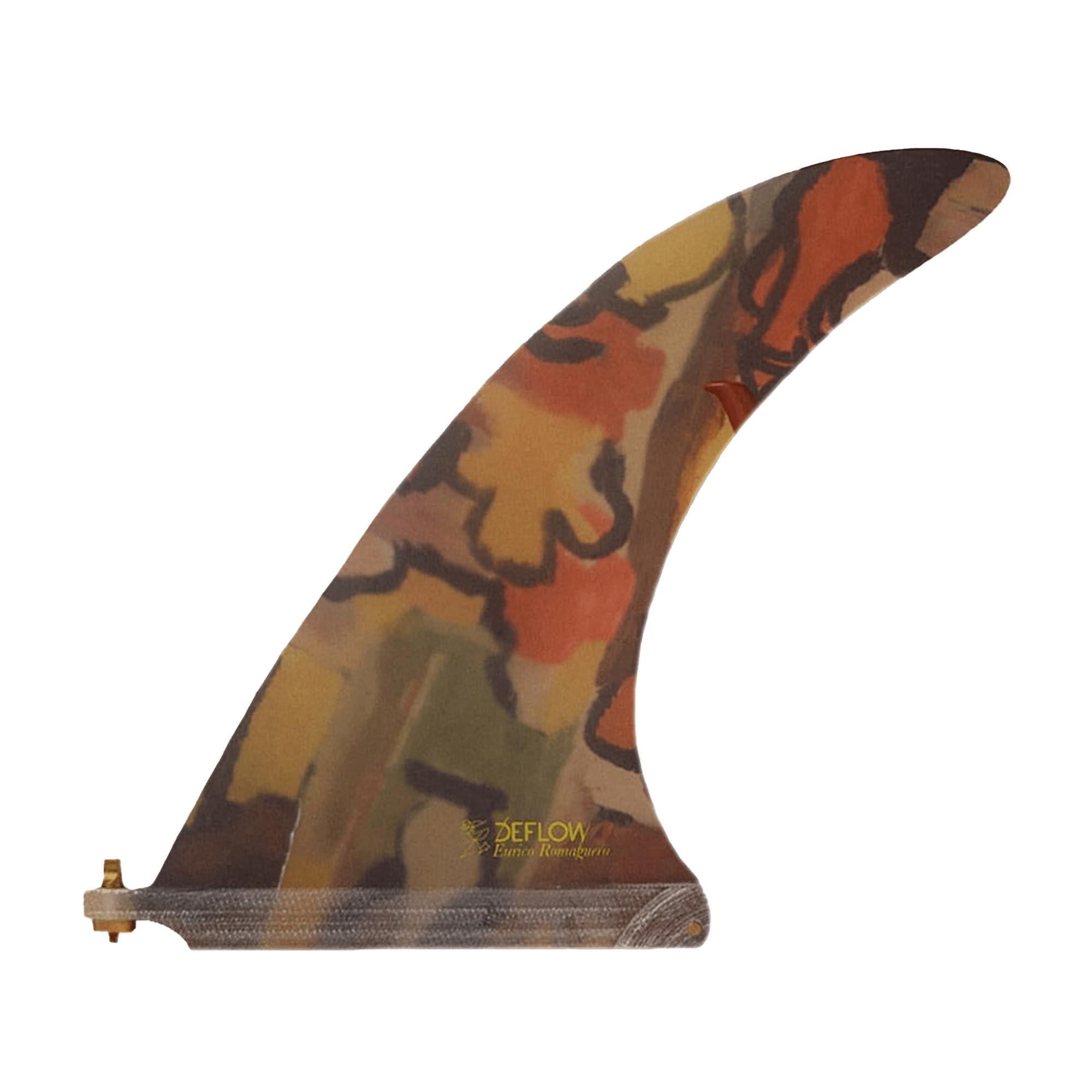 Shapers-Club- The Deflow single surf fin - Eurico Romaguera - 9.7" features a colorful, abstract design in shades of orange, yellow and brown. The translucent fin includes a small metal screw at its base for attachment, and Eurico Romaguera's "DEFLOW" brand name is faintly visible in gold lettering on the bottom of the fin. -surfshop-surfboard