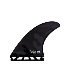 Shapers-Club- Un aileron de planche de surf Futures noir unique avec un motif camouflage et une petite base transparente. Le mot « futures » est imprimé en blanc en bas, avec « JORDY LARGE » en dessous, indiquant son inclusion dans l'ensemble Jordy Signature Thruster. -surfshop-surfboard