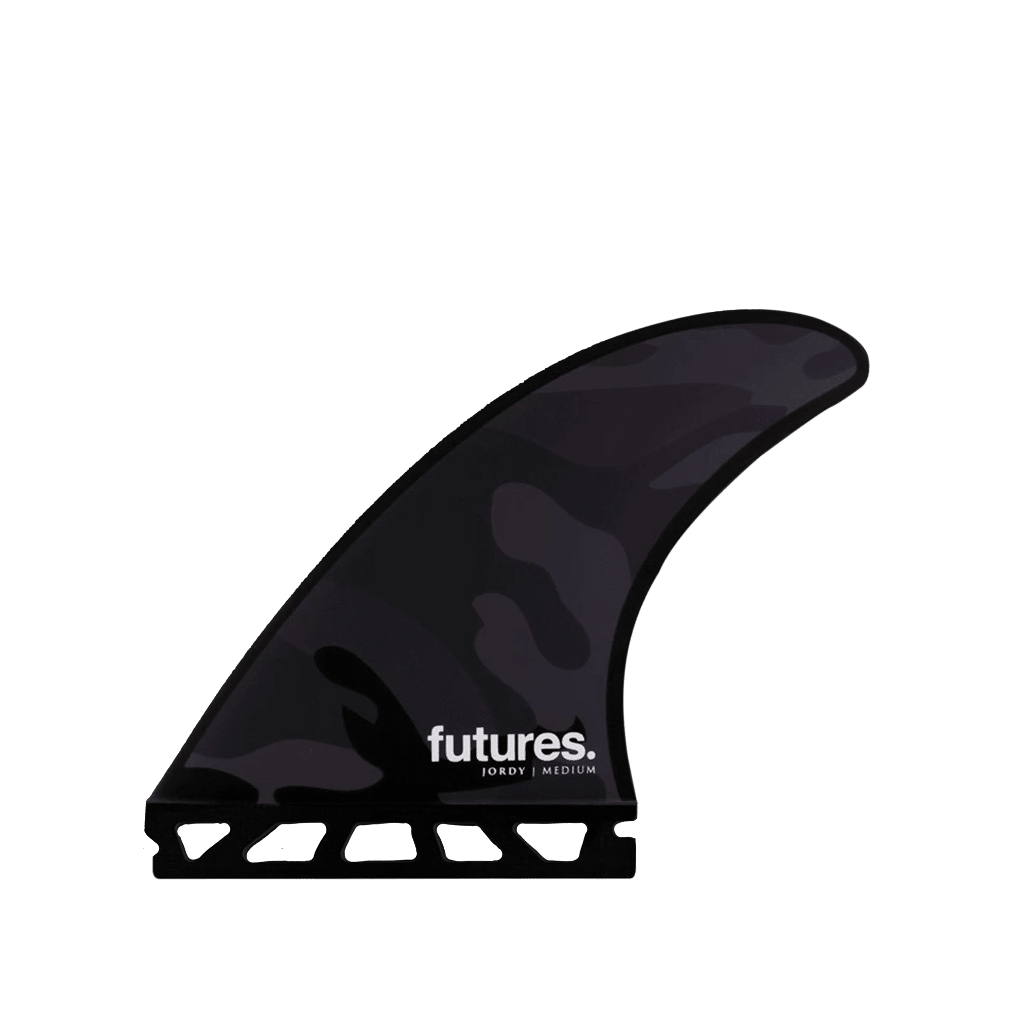 Shapers-Club- Un aileron de planche de surf Futures noir unique avec un motif camouflage et une petite base transparente. Le mot « futures » est imprimé en blanc en bas, avec « JORDY LARGE » en dessous, indiquant son inclusion dans l'ensemble Jordy Signature Thruster. -surfshop-surfboard