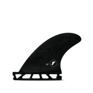 Shapers-Club- Un aileron de planche de surf Futures - Sidebites - FiberGlass au design élégant et incurvé de couleur noire, marqué de l'étiquette « SB1 » et d'un logo « F » stylisé près de sa base. Cet aileron présente une structure en treillis au bas où il se fixe à la planche de surf. -surfshop-surfboard